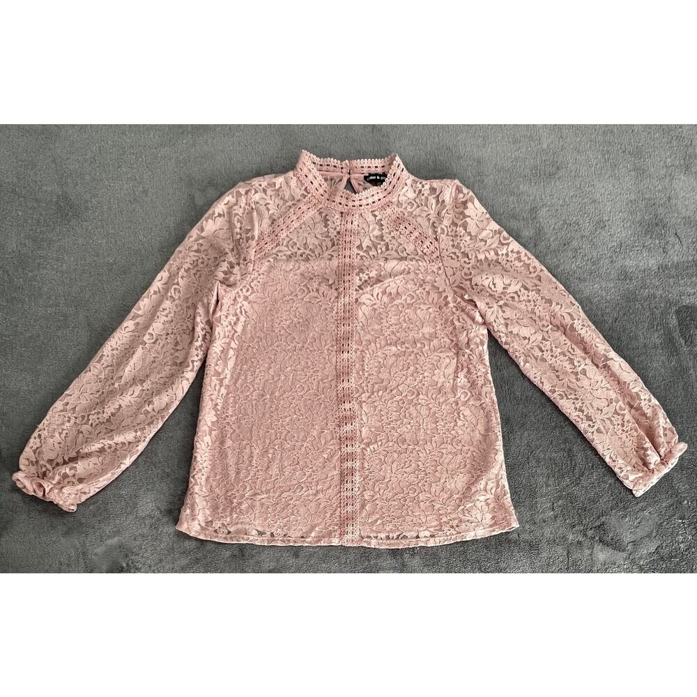 Pink Floral Lace Blouse Mock Neck Long Sleeve Victorian Boho Coquette Sz L - Picture 11 of 11